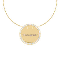 585er Gold Gravierbare Halskette mit Runden Zirkonia Anhänger Ø20 Plättchen Namenskette