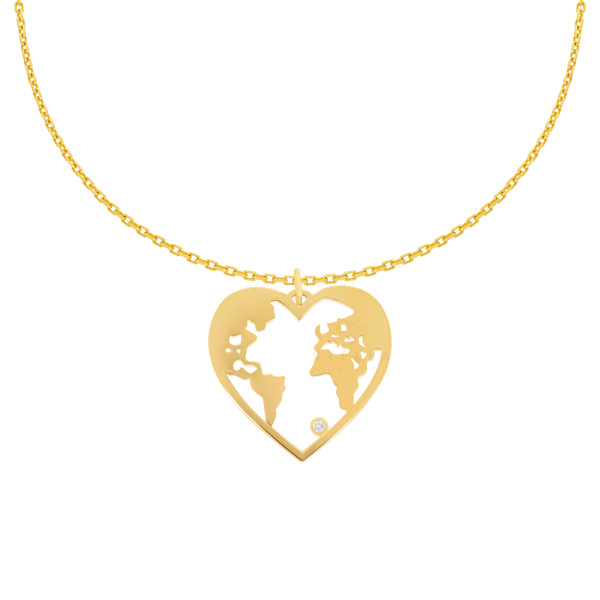 585er Gelbgold Kette Herz Weltkugel Anhänger Zirkonia Globus Halskette Collier