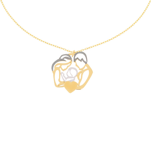 585er Gelbgold Collierkette Mutter, Vater Kind / Baby Anhänger Gravur