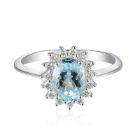 585 Weißgold Ring mit Aquamarin & Diamanten, Ovals